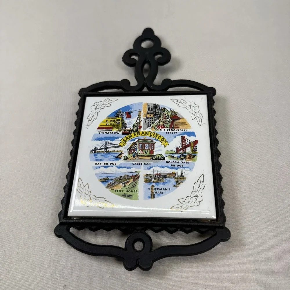 Vintage Tile Cast Iron Trivet San Francisco SNCO Japan Cable Car Chinatown 9.25